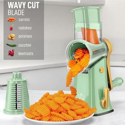 Rotary Cheese Grater Manual Hand Crank 5 Blade Shredder, Sea Foam & Gold