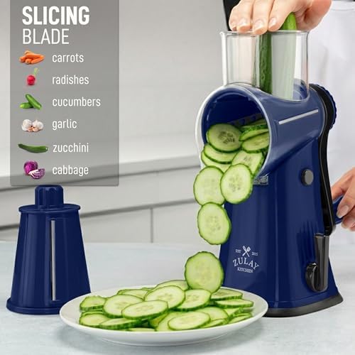 Rotary Cheese Grater Manual Hand Crank 5 Blade Shredder, Sapphire