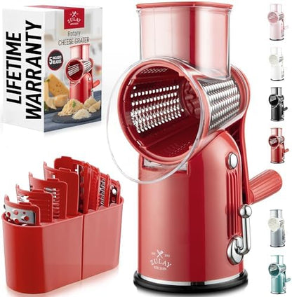 Rotary Cheese Grater Manual Hand Crank 5 Blade Shredder, Classic Red