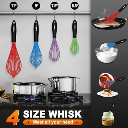 Walfos Whisk, Silicone Whisk Heat Resistant (480°F) Kitchen Whisks Set of 4- Professional Whisks For Cooking Non Scratch, Balloon Egg Whisk Perfect for Frothing, Blending, Beating