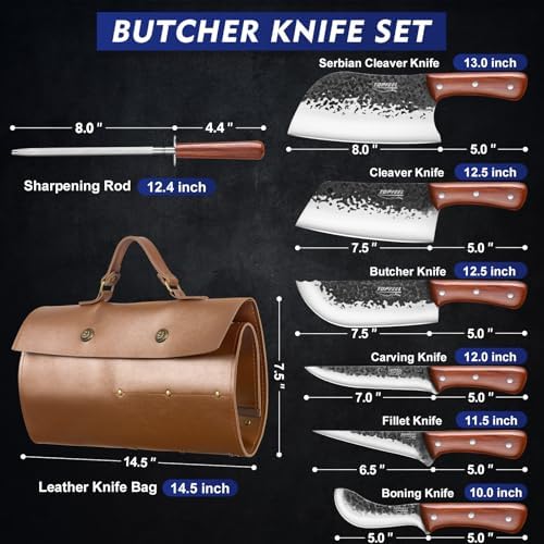 Topfeel 8PCS High Carbon Steel Butcher Knife Set with Leather Roll Bag