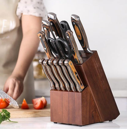Teak Wood Knife Block Organizer, 14-Slot Kitchen Counter Storage Holder, Universal Design (Brown)