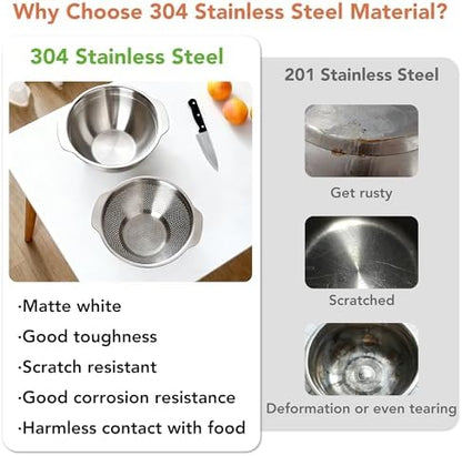 304 Stainless Steel Colander and Strainer, 5QT Large Capacity and 6QT Mixing Bowl, Micropore for Washing Rice, Fruit, and Cooked Pasta, Perfect Draining for Grain and Bean