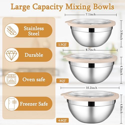LIANYU Mixing Bowls with Visible Lids, 3Pcs Stainless Steel Kitchen Bowl