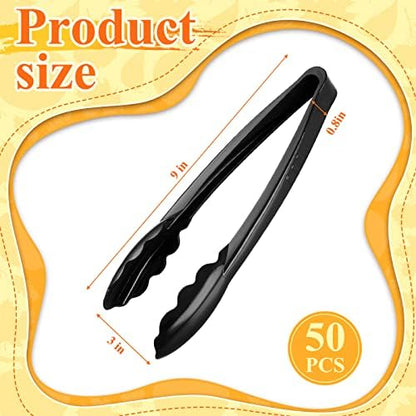 50 Pcs Plastic Tongs, 9 Inch Disposable Serving Tongs,Black