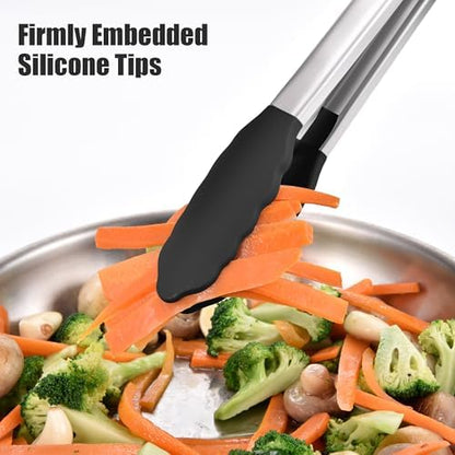 Doosu Kitchen Tongs with Silicone Tips for Cooking Serving (12in, Black)