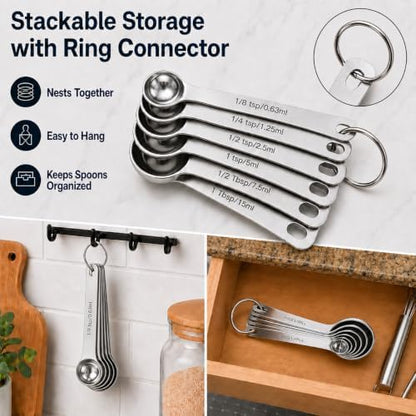 Stainless Steel Measuring Spoons Set of 6, Metal Measuring Spoons with Engraved US & Metric Measurements, Stackable with Ring Connector, Dishwasher Safe for Baking & Cooking