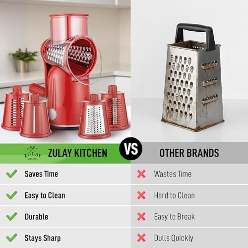 Rotary Cheese Grater Manual Hand Crank 5 Blade Shredder, Classic Red