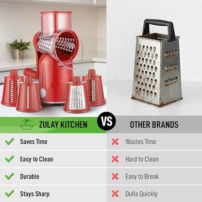 Rotary Cheese Grater Manual Hand Crank 5 Blade Shredder, Classic Red