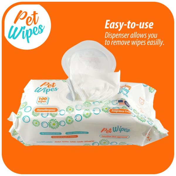 pet Wipes for Dogs and Cats Hypoallergenic Natural Products for Cleansing from Nose to Tail 100 Count 8x7in Wipes Perfect for Grooming and Cleaning Made in the USA Fragance