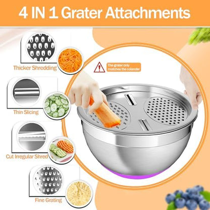 Nicdiet Mixing Bowls with Airtight Lids, Stainless Steel Mixing Bowl Set with 3 Metal Nesting Bowls, Colander & Grater, Non-Slip Bottoms, Size 1.5, 2.5, 5 QT, Great for Mixing & Serving, Mutilcolor