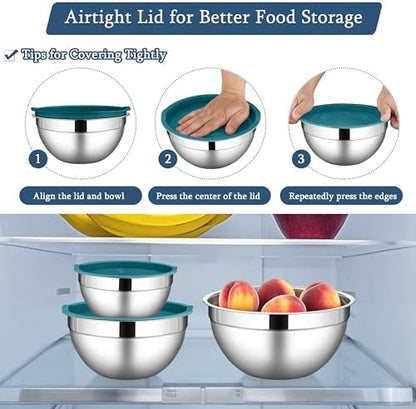 LIANYU Mixing Bowls Set with Lids, Stainless Steel Kitchen Bowls Set of 3