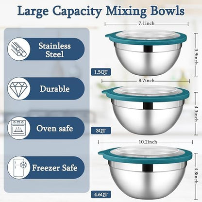 LIANYU Stainless Steel Metal Mixing Bowls, 3 Packs Nesting Bowl with Lid