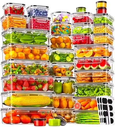 KEMETHY 70 PCS Food Storage Containers with Lids(35 Containers & 35 Lids), BPA-Free Plastic Food Containers for Kitchen Storage, Leak Proof, Reusable Meal Prep Containers with Labels & Pen