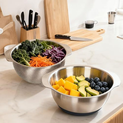 304 Stainless Steel Colander and Strainer, 5QT Large Capacity and 6QT Mixing Bowl, Micropore for Washing Rice, Fruit, and Cooked Pasta, Perfect Draining for Grain and Bean