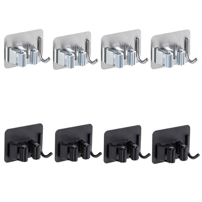 Pack of 8 Stainless Steel Broom Holder No Drill Mop Wall Mount Holder Gripper Rack with Hook Hanger Garden Tool Organizer (4 Count)