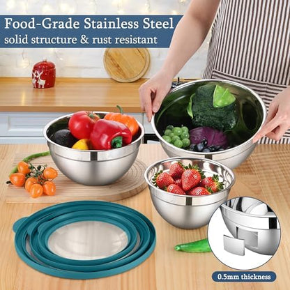 LIANYU Stainless Steel Metal Mixing Bowls, 3 Packs Nesting Bowl with Lid