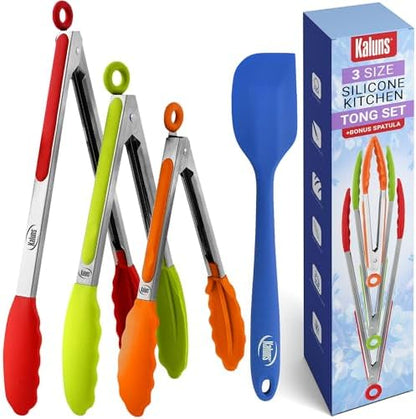 Kaluns Kitchen Tongs for Cooking Grilling Set of 4, BBQ Grill Tongs With Silicone Tip Stainless Steel Heat Resistant, Non-stick Pull Lock, Incl 7, 9, 12 Inch Tong Plus a Silicone Spatula