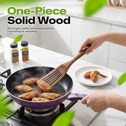 AIUHI Teak Wood Slotted Wok Spatula, Extra Long Wooden Turner for Stir-Frying, Non-Stick Safe Slotted Spatula with Hanging Hole, Ideal for Daily Cooking