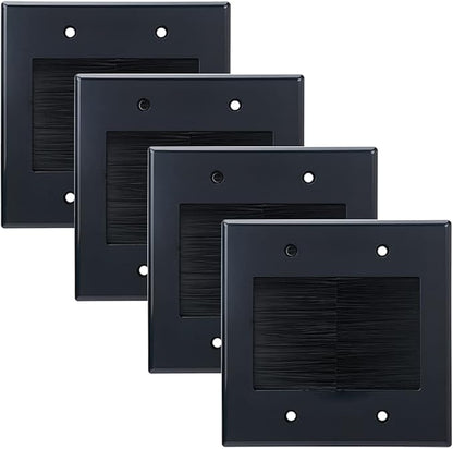 2 Gang Brush Wall Plate (Black, 4 Pack), Double Gang Cable Wall Plate for Power Cords, Low Voltage Cables and Wires in-Wall Hiding