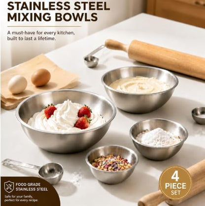 Stainless Steel Mixing Bowls Set of 4 - 9.84", 8.66" , 7.5" & 6" Metal Mixing Bowls, 3.3 Qt, 2 Qt, 1.5 Qt & 1Qt Stainless Steel Salad Bowls, 304 Stainless Steel Bowl for Kitchen, Baking, and Meal Prep