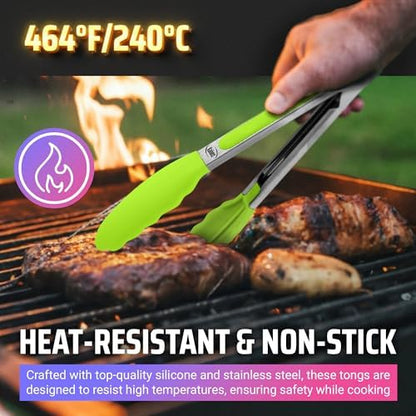 Kaluns Kitchen Tongs for Cooking Grilling Set of 4, BBQ Grill Tongs With Silicone Tip Stainless Steel Heat Resistant, Non-stick Pull Lock, Incl 7, 9, 12 Inch Tong Plus a Silicone Spatula