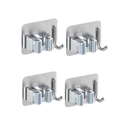 Pack of 4 Stainless Steel Broom Holder No Drill Mop Wall Mount Holder Gripper Rack with Hook Hanger Garden Tool Organizer (4 Count)