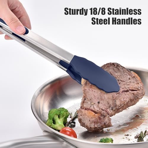 Doosu Kitchen Tongs with Silicone Tips for Cooking Serving (3Pcs, Navy)