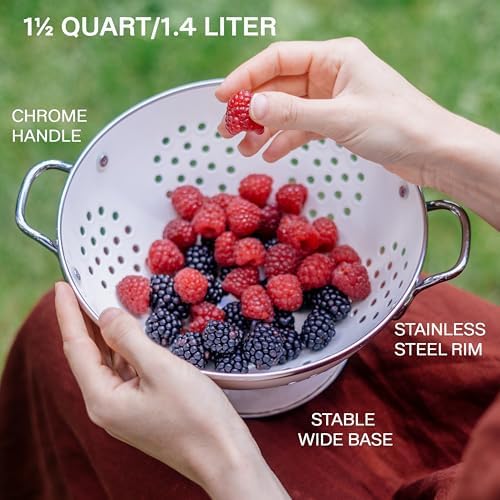 Reston Lloyd, 1.5 Quart Powder Coated Steel Kitchen Strainer Basket for draining Pasta, Vegetable and Fruit, Chrome Handles and Wide Stable Base, Aqua-Blue