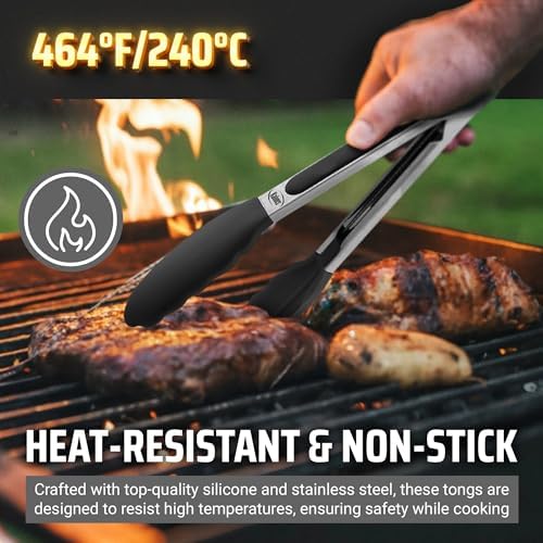 Kaluns Kitchen Tongs for Cooking Grilling Set of 4, BBQ Grill Tongs With Silicone Tip Stainless Steel Heat Resistant, Non-stick Pull Lock, Incl 7, 9, 12 Inch Tong Plus a Silicone Spatula