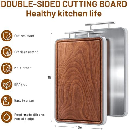 Titanium Cutting Boards For Kitchen,Ebony Wood Cutting Board,Double Sided Metal Chopping Board With Handle And Juice Groove, Idea Kitchen Appliances For Meat And Charcuterie