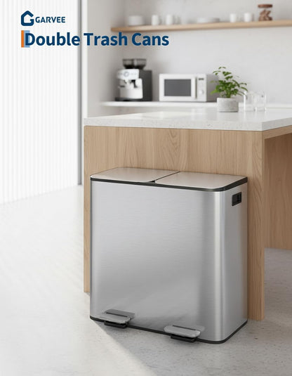 2 x 8 gal Stainless Steel Double Trash Can with Lid for Kitchen