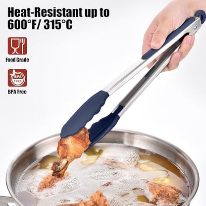 Doosu Kitchen Tongs with Silicone Tips for Cooking Serving (3Pcs, Navy)