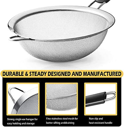 Stainless Steel Fine Mesh Strainers, Set of 3 Sizes Strainer for Kitchen, Wire Sieve with Insulated Handle Kitchen Strainer, Baking Tools Colander, Food Preparation, Flour Sifter, Rice, Pasta Strainer