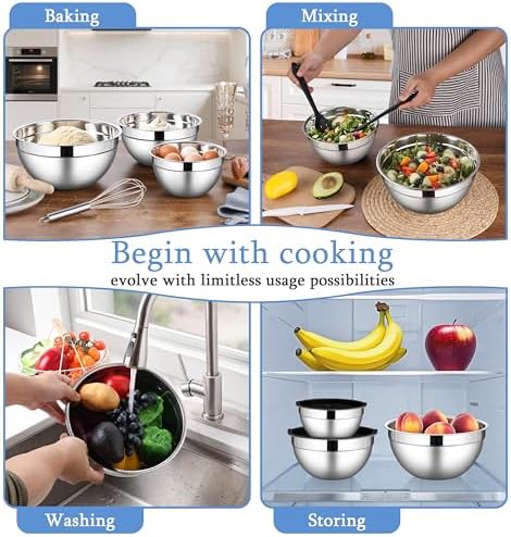 LIANYU Mixing Bowls with Lids Set of 3, Stainless Steel Nesting Metal Bowls