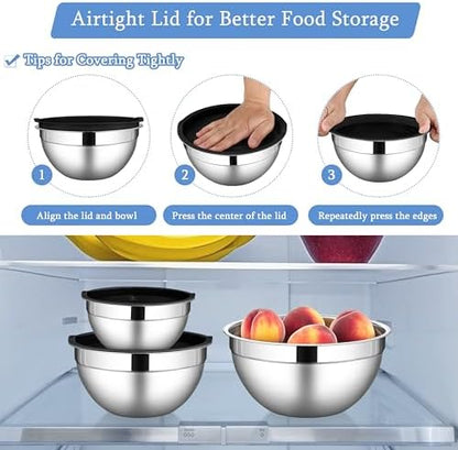 LIANYU Mixing Bowls with Lids Set of 3, Stainless Steel Nesting Metal Bowls