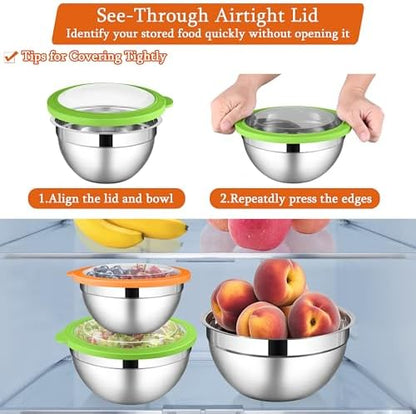 LIANYU Mixing Bowls with Lid Set of 3, Stainless Steel Metal Mixing Bowls