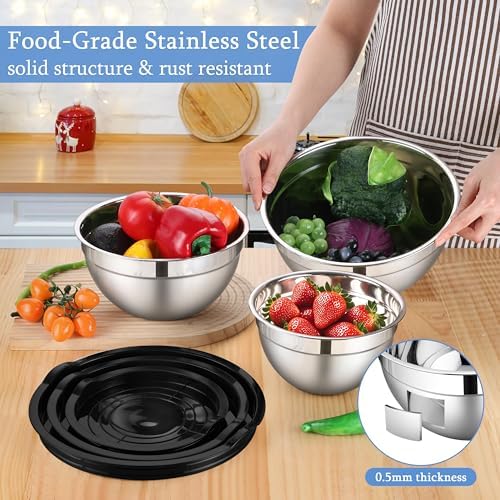 LIANYU Mixing Bowls with Lids Set of 3, Stainless Steel Nesting Metal Bowls