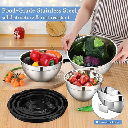 LIANYU Mixing Bowls with Lids Set of 3, Stainless Steel Nesting Metal Bowls