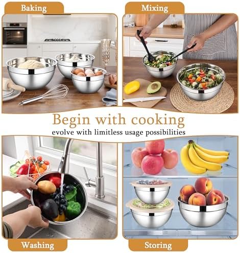 LIANYU Mixing Bowls with Visible Lids, 3Pcs Stainless Steel Kitchen Bowl