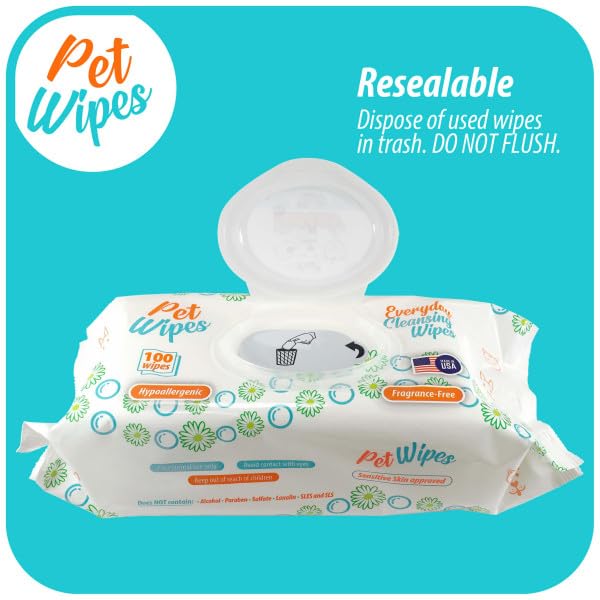 pet Wipes for Dogs and Cats Hypoallergenic Natural Products for Cleansing from Nose to Tail 100 Count 8x7in Wipes Perfect for Grooming and Cleaning Made in the USA Fragance