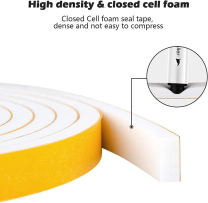 White Door Window Weather Stripping Self Adhesive Foam Tape High Density Foam Sealing Strip Window Insulation Weatherproof Gasket Tape for Doors and Windows (16.5 Foot)
