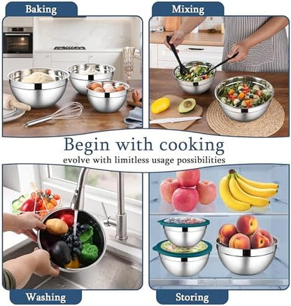 LIANYU Stainless Steel Metal Mixing Bowls, 3 Packs Nesting Bowl with Lid