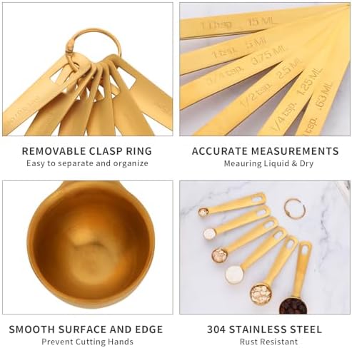 DOCBLACK Measuring Spoons, Heavy Duty 18/8 Stainless Steel Measuring Spoons Cups Set, Set of 6 for Gift Measuring Dry and Liquid Ingredients - Gold