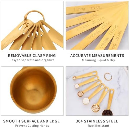 DOCBLACK Measuring Spoons, Heavy Duty 18/8 Stainless Steel Measuring Spoons Cups Set, Set of 6 for Gift Measuring Dry and Liquid Ingredients - Gold