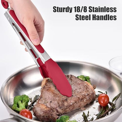 Doosu Kitchen Tongs with Silicone Tips for Cooking Serving (9in, Red)