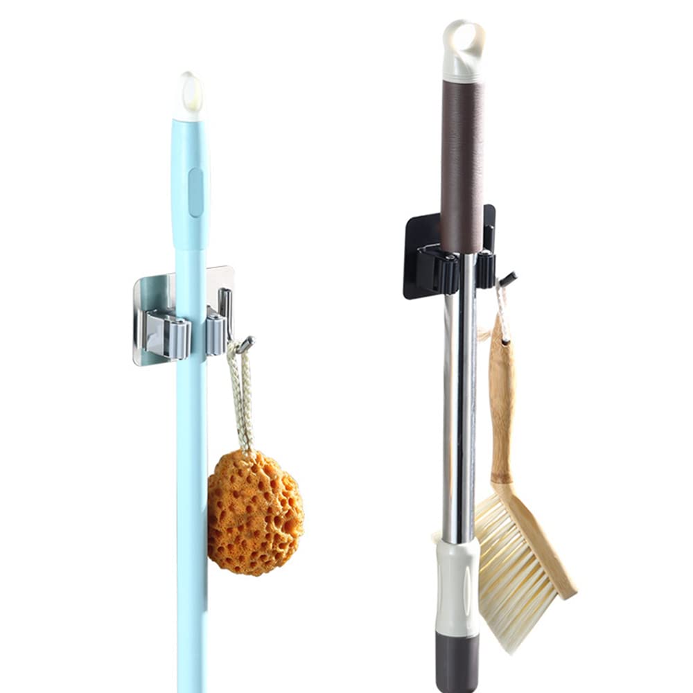 Pack of 4 Stainless Steel Broom Holder No Drill Mop Wall Mount Holder Gripper Rack with Hook Hanger Garden Tool Organizer (4 Count)