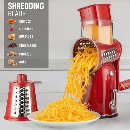 Rotary Cheese Grater Manual Hand Crank 5 Blade Shredder, Classic Red