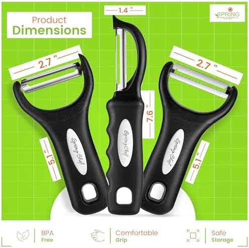 Spring Chef 3pcs Vegetable Peelers for Kitchen, Swivel, Y & Julienne Peeler