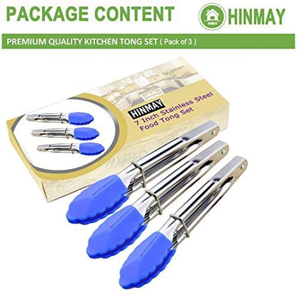 HINMAY Small Tongs with Silicone Tips 7-Inch Serving Tongs, Set of 3 (Blue)